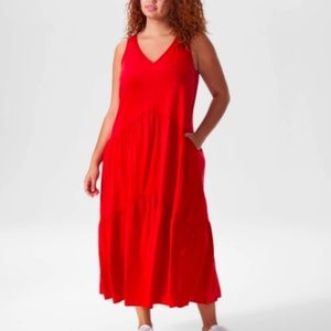 Universal Standard x Emily Cupron Maxi Dress Tiered Red Oversized V-neck